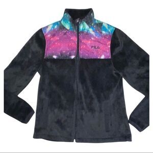 Fila Sports Women’s Fleece Jacket Black Galaxy Print Mock Neck Size Extra small